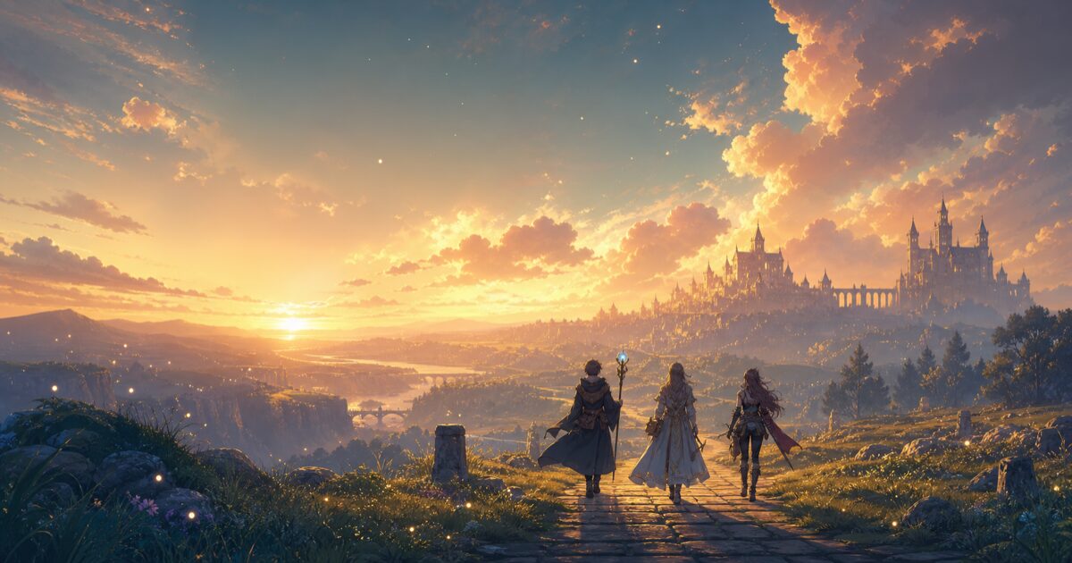 夕暮れの異世界の街を見つめる三人の旅人の後ろ姿