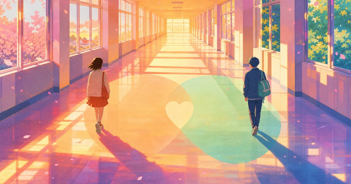 夕暮れの学校で反対色の円が寄り添いハート形の余白を作る青春イラスト